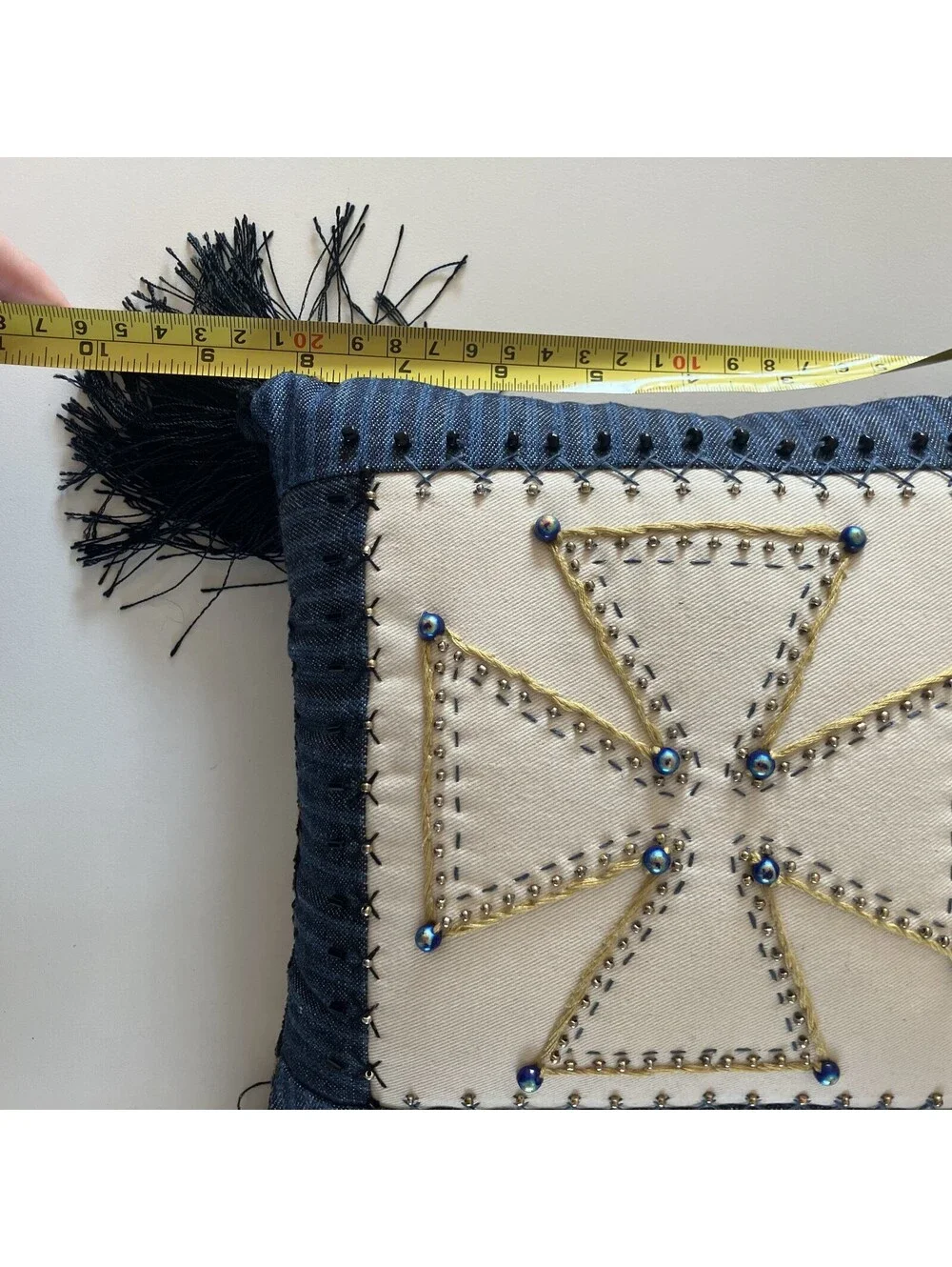 90s Y2K Mini Accent Throw Pillow Cross Appliqué Embroidery Bead Bling Tassles 8